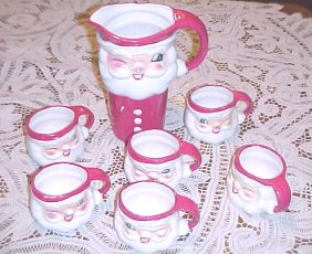 1950s Santa Claus Face Pitcher & 6 Santa Mugs 